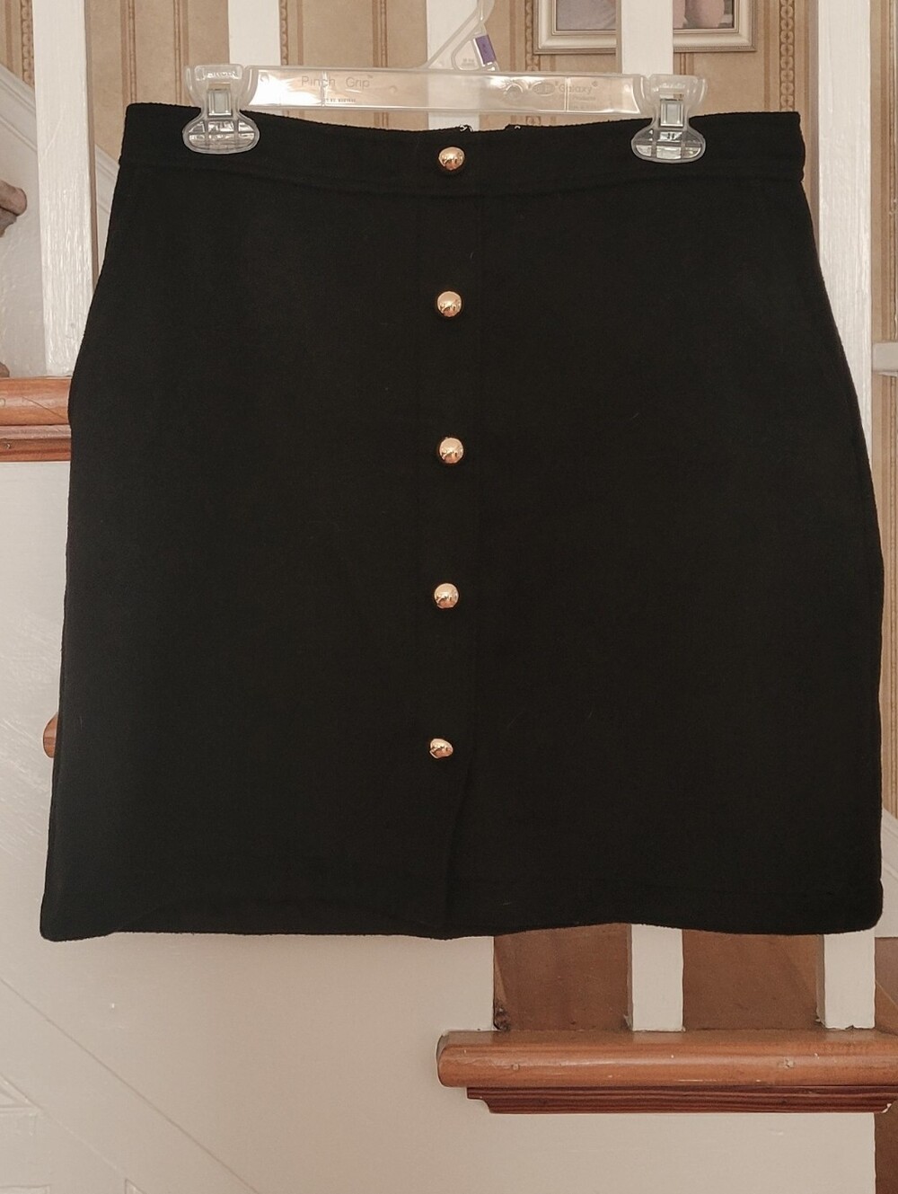 LOFT Black Skirt Wool Blend Faux Button Front Side Pockets Size 4
